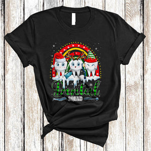 MacnyStore - Dental Squad, Joyful Christmas Three Santa Reindeer ELF Tooth, Plaid Rainbow Dental Dentist Group T-Shirt