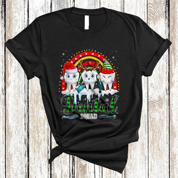 MacnyStore - Dental Squad, Joyful Christmas Three Santa Reindeer ELF Tooth, Plaid Rainbow Dental Dentist Group T-Shirt