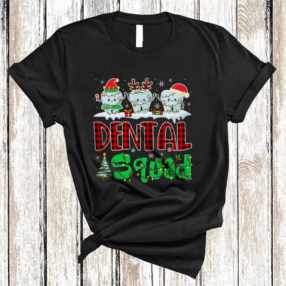 MacnyStore - Dental Squad, Lovely Plaid Christmas Lights ELF Reindeer Santa Teeth, Snow Dental Dentist X-mas T-Shirt