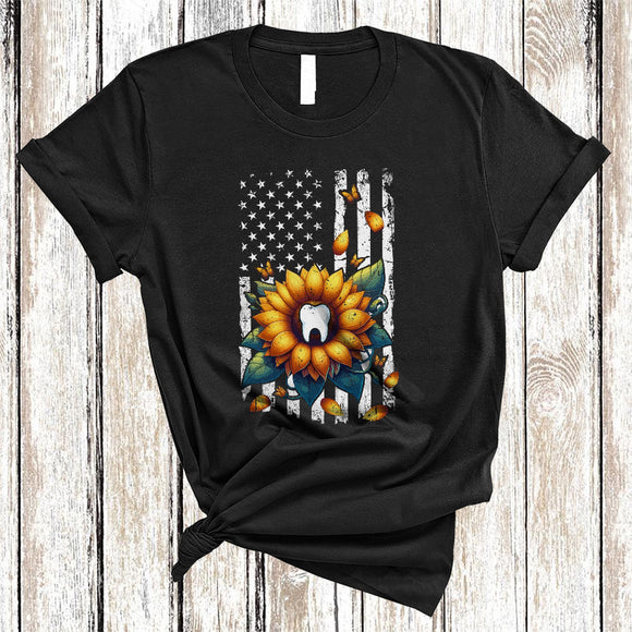 MacnyStore - Dentist American Flag Sunflower, Awesome Vintage US Flag Sunflower, Dentist Family Group T-Shirt
