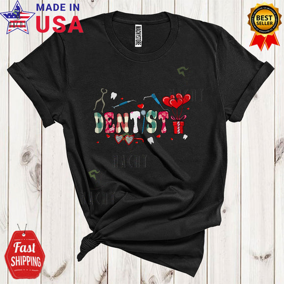 MacnyStore - Dentist Cute Cool Valentine's Day Plaid Hearts Dentist Tools Matching Couple Group T-Shirt