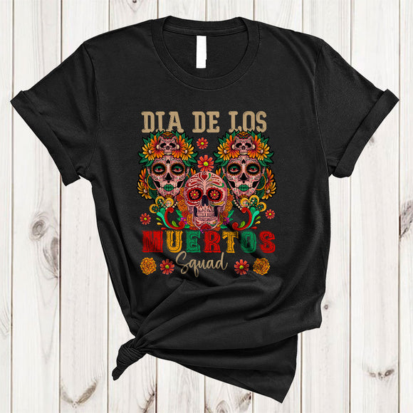 MacnyStore - Dia De Los Muertos, Colorful Funny Mexican Three Floral Skulls, Sugar Skull Family Group T-Shirt