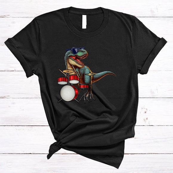 MacnyStore - Dinosaur Playing Drum, Humorous T-Rex Playing Musical Instruments, T-Rex Dinosaur Lover T-Shirt