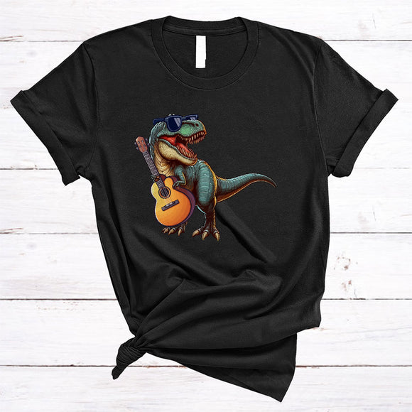 MacnyStore - Dinosaur Playing Guitar, Humorous T-Rex Playing Musical Instruments, T-Rex Dinosaur Lover T-Shirt