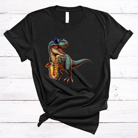 MacnyStore - Dinosaur Playing Saxophone, Humorous T-Rex Playing Musical Instruments, T-Rex Dinosaur Lover T-Shirt