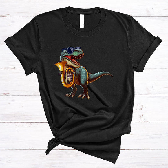 MacnyStore - Dinosaur Playing Tuba, Humorous T-Rex Playing Musical Instruments, T-Rex Dinosaur Lover T-Shirt