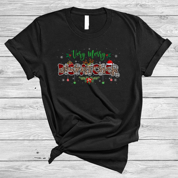 MacnyStore - Very Merry Dispatcher, Joyful Christmas Red Plaid Leopard Snow Around, Matching Dispatcher Group T-Shirt