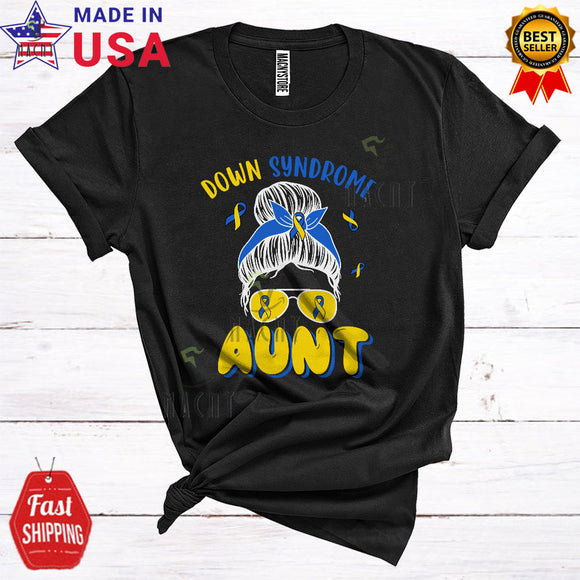 MacnyStore - Down Syndrome Aunt Cool Cute Down Syndrome Awareness Ribbon Messy Hair Woman Face Family T-Shirt