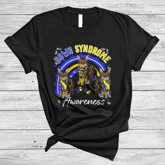 MacnyStore - Down Syndrome Awareness, Adorable Three Down Syndrome Ribbon Cat Lover, Rainbow T-Shirt