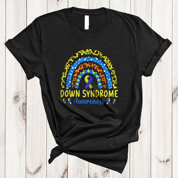 MacnyStore - Down Syndrome Awareness, Cute Yellow And Blue Ribbon, Leopard Rainbow Proud Family T-Shirt