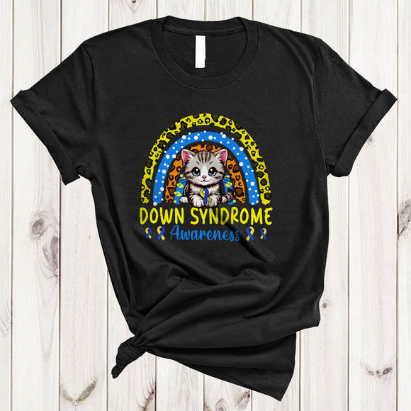 MacnyStore - Down Syndrome Awareness, Lovely Cat Yellow And Blue Ribbon, Leopard Rainbow Proud Family T-Shirt
