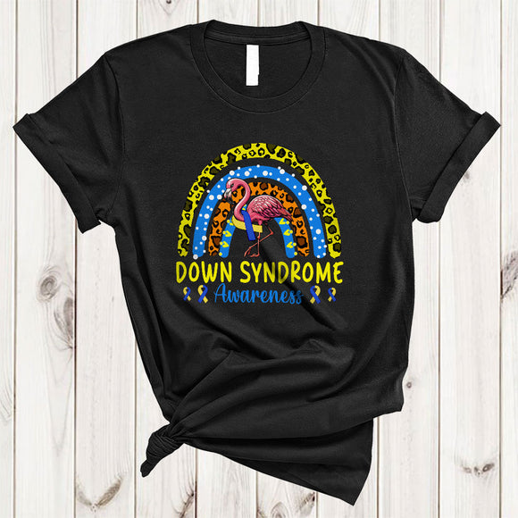 MacnyStore - Down Syndrome Awareness, Lovely Flamingo Yellow And Blue Ribbon, Leopard Rainbow Proud Family T-Shirt