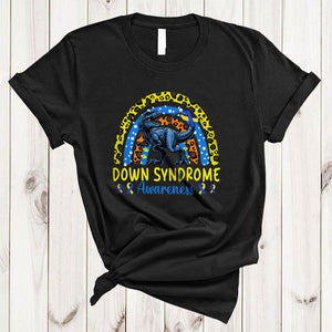 MacnyStore - Down Syndrome Awareness, Lovely T-Rex Yellow And Blue Ribbon, Leopard Rainbow Proud Family T-Shirt