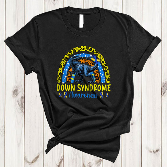 MacnyStore - Down Syndrome Awareness, Lovely T-Rex Yellow And Blue Ribbon, Leopard Rainbow Proud Family T-Shirt