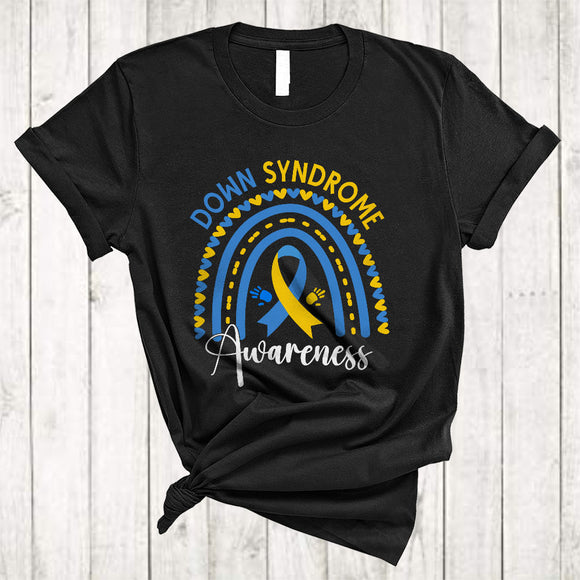 MacnyStore - Down Syndrome Awareness, Proud Down Syndrome Yellow Blue Ribbon, Hearts Rainbow Lover T-Shirt