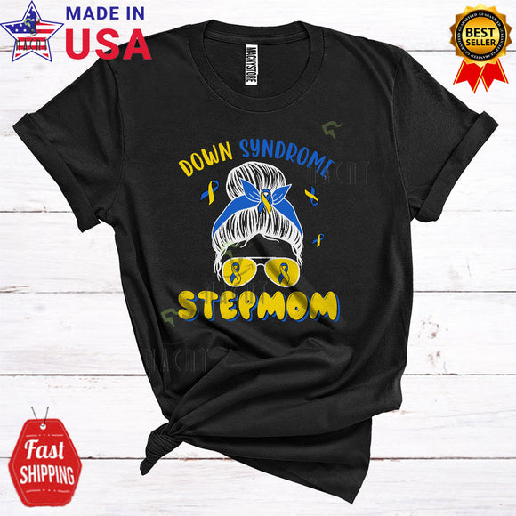 MacnyStore - Down Syndrome Stepmom Cool Cute Down Syndrome Awareness Ribbon Messy Hair Woman Face Family T-Shirt