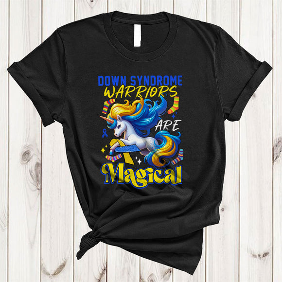 MacnyStore - Down Syndrome Warriors Are Magical, Lovely Down Syndrome Awareness Unicorn, Blue And Yellow Ribbon T-Shirt