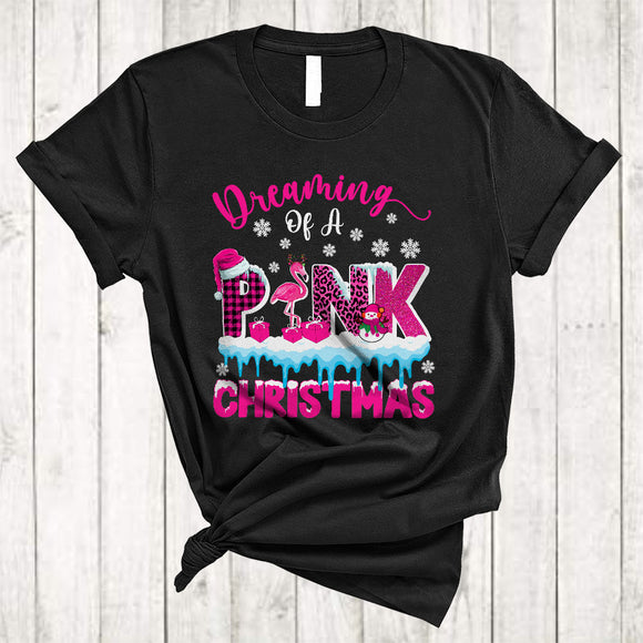 MacnyStore - Dreaming Of A Pink Christmas, Funny Cute X-mas Pink Plaid Leopard Flamingo, Snow Around T-Shirt