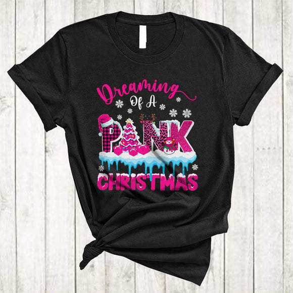 MacnyStore - Dreaming Of A Pink Christmas, Funny Cute X-mas Tree Pink Plaid Leopard, Snow Around T-Shirt