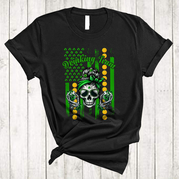 MacnyStore - Drinking Team, Awesome St. Patrick's Day US Flag Bun Hair Skull, Drunk Drinking Shamrock T-Shirt
