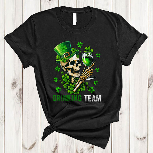 MacnyStore - Drinking Team, Cheerful St. Patrick's Day Skull Drinking Wine, Shamrock Drunker Group T-Shirt