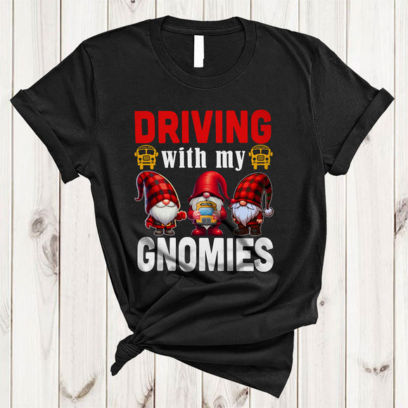MacnyStore - Driving With My Gnomies, Adorable Plaid Three Gnomes, Matching School Bus Driver Group T-Shirt