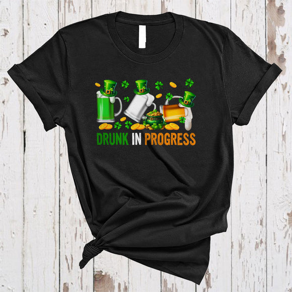 MacnyStore - Drunk In Progress, Humorous St. Patrick's Day Three Beer Glasses, Shamrock Drinking Group T-Shirt