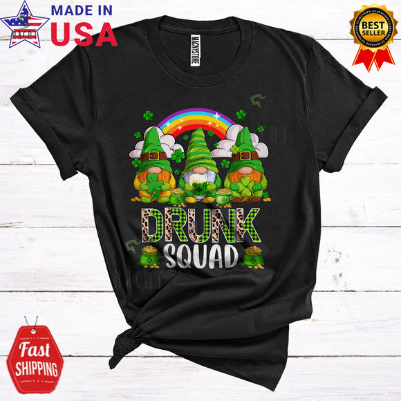 MacnyStore - Drunk Squad Cute Happy St. Patrick's Day Plaid Leopard Three Gnomes Drinking Rainbow Lover T-Shirt