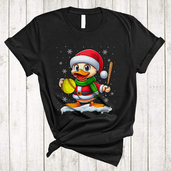 MacnyStore - Duck Playing Softball, Lovely Merry Christmas Santa Duck Softball Player, X-mas Sport Team T-Shirt