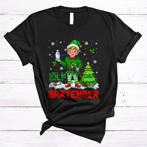 MacnyStore - ELF Bartender, Cute Plaid Christmas ELF Snow Around, Matching X-mas Family Pajama Group T-Shirt