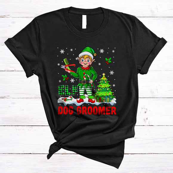 MacnyStore - ELF Dog Groomer, Cute Plaid Christmas ELF Snow Around, X-mas Family Pajama Group T-Shirt