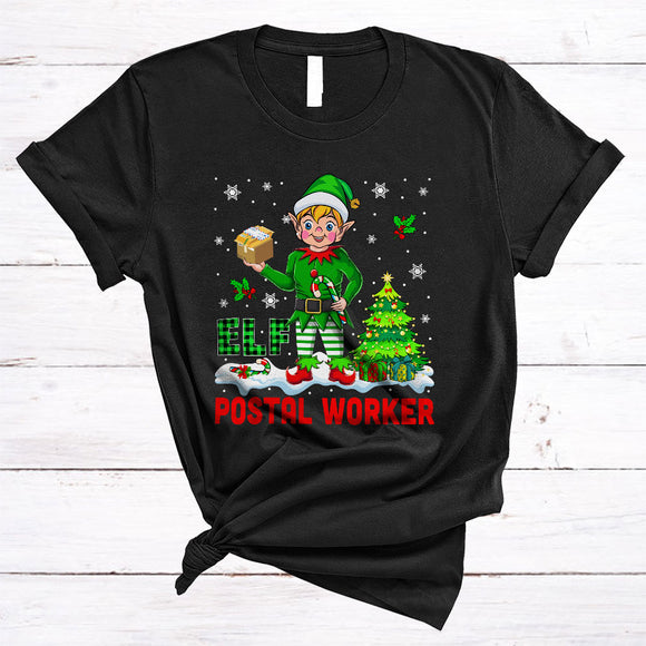 MacnyStore - ELF Postal Worker, Cute Plaid Christmas ELF Snow Around, X-mas Family Pajama Group T-Shirt