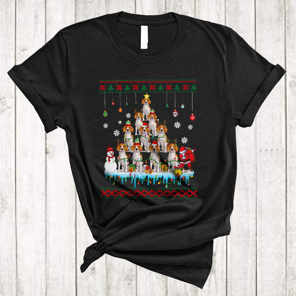 MacnyStore - ELF Reindeer Santa Beagle Dog Xmas Tree Funny Cool Christmas Snow Lights Dog T-Shirt