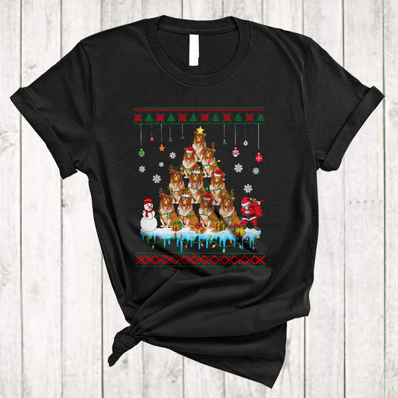 MacnyStore - ELF Reindeer Santa Sheltie Dog Xmas Tree Funny Cool Christmas Snow Lights Dog T-Shirt