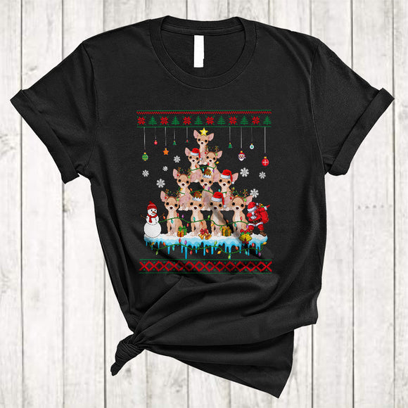 MacnyStore - ELF Reindeer Santa Chihuahua Dog Xmas Tree Funny Cool Christmas Snow Lights Dog T-Shirt
