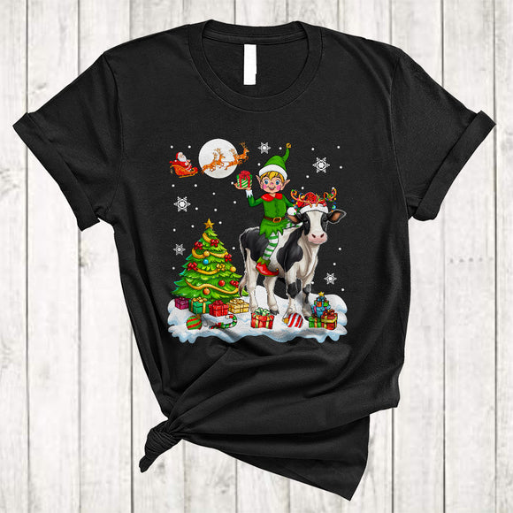 MacnyStore - ELF Riding Cow Reindeer, Adorable Christmas Tree Cow Farmer, Snow X-mas Animal Lover T-Shirt