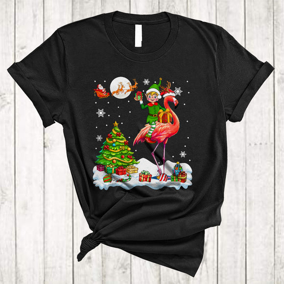 MacnyStore - ELF Riding Flamingo Reindeer, Adorable Christmas Tree Flamingo, Snow X-mas Animal Lover T-Shirt