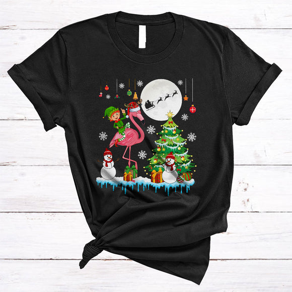 MacnyStore - ELF Riding Flamingo, Merry Christmas Santa Reindeer Flamingo Lover, Snow Animal X-mas T-Shirt