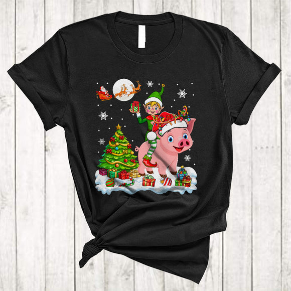 MacnyStore - ELF Riding Pig Reindeer, Adorable Christmas Tree Pig Farmer, Snow X-mas Animal Lover T-Shirt