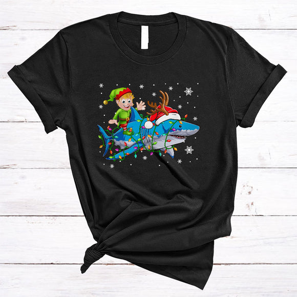 MacnyStore - ELF Riding Santa Reindeer Shark, Awesome Christmas Lights Shark Lover, X-mas Snow T-Shirt