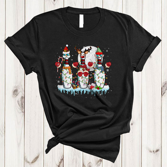 MacnyStore - ELF Santa Reindeer Bowling, Cheerful Christmas Lights Bowling Player, Snow X-mas Group T-Shirt