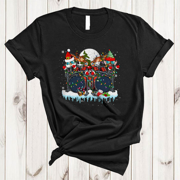 MacnyStore - ELF Santa Reindeer Drum, Cheerful Christmas Lights Drum Player, Snow Around X-mas Group T-Shirt