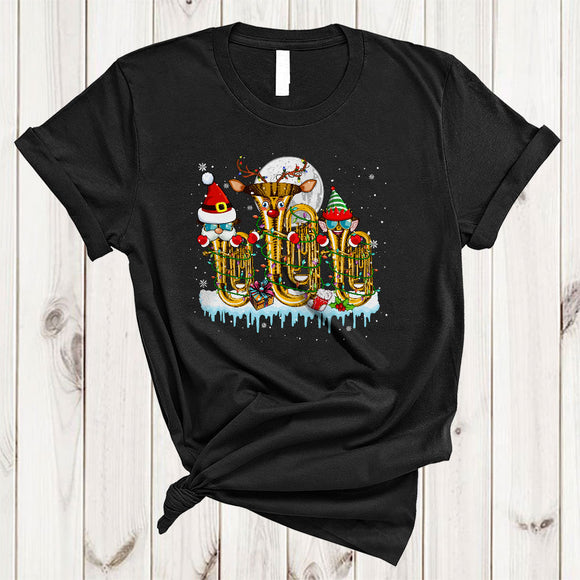 MacnyStore - ELF Santa Reindeer Tuba, Cheerful Christmas Lights Tuba Player, Snow Around X-mas Group T-Shirt