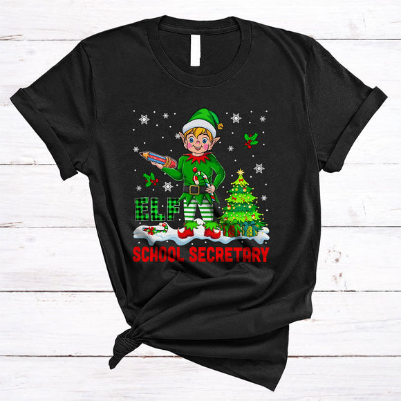 MacnyStore - ELF School Secretary, Cute Plaid Christmas ELF Snow Around, X-mas Family Pajama Group T-Shirt