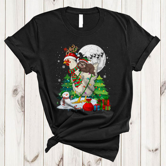 MacnyStore - ELF Sloth Riding Chicken Joyful Cute Christmas Snow Xmas Tree Sloth Chicken Animal Lover T-Shirt