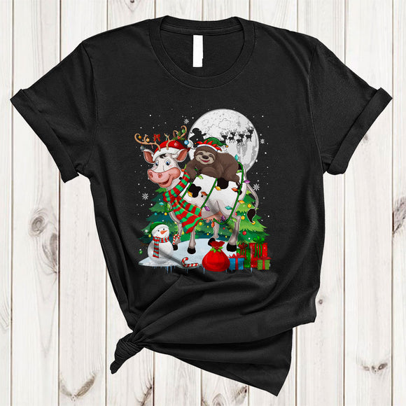 MacnyStore - ELF Sloth Riding Cow Joyful Cute Christmas Snow Xmas Tree Sloth Cow Animal Lover T-Shirt