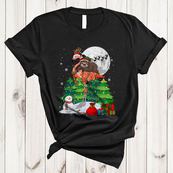 MacnyStore - ELF Sloth Riding Flamingo Joyful Cute Christmas Snow Xmas Tree Sloth Flamingo Animal Lover T-Shirt