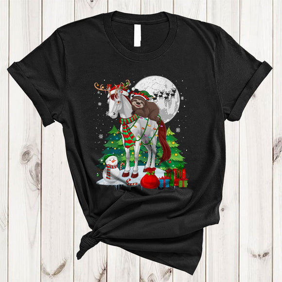MacnyStore - ELF Sloth Riding Horse Joyful Cute Christmas Snow Xmas Tree Sloth Horse Animal Lover T-Shirt