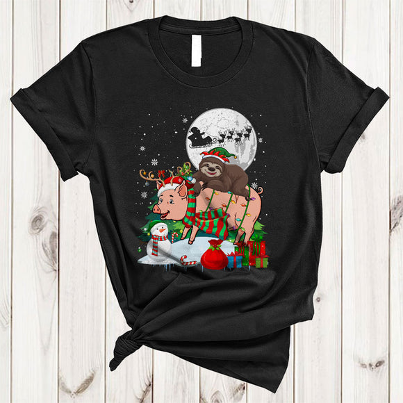 MacnyStore - ELF Sloth Riding Pig Joyful Cute Christmas Snow Xmas Tree Sloth Pig Animal Lover T-Shirt