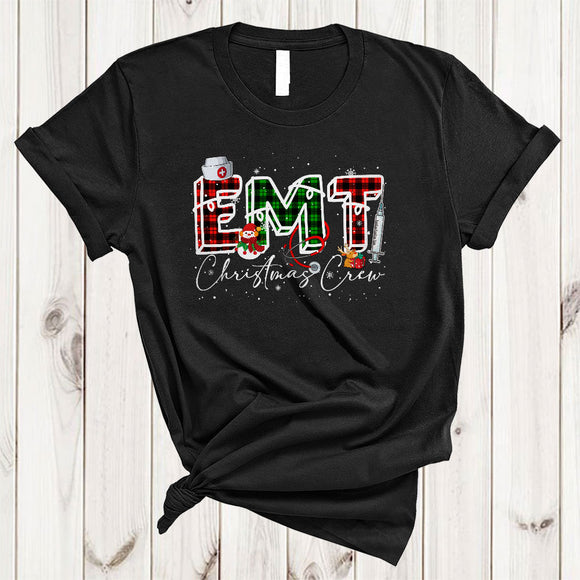 MacnyStore - EMT Christmas Crew, Cheerful Red Green Plaid Snow Around, X-mas Nurse Nursing Lover T-Shirt